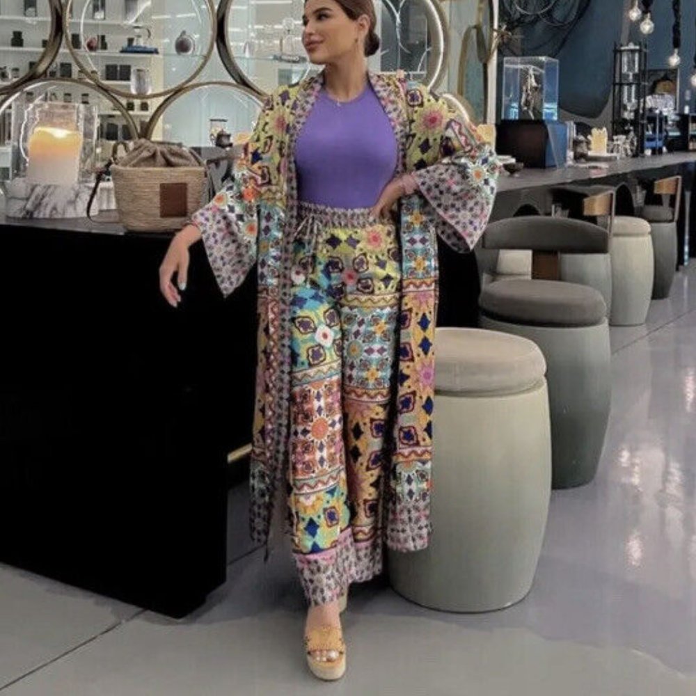 Zara Satin Printed Kimono Pants 2 Pc Set